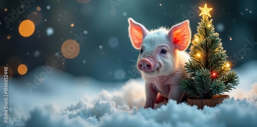 Wallpaper Mural Tiny piglet nestled beside a miniature Christmas tree, twinkling lights, snowy scene , celebration, winter, merry christmas Torontodigital.ca