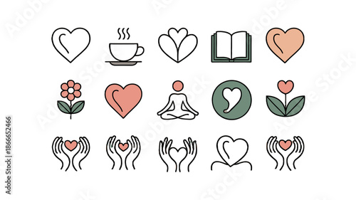 A collection of elegant heart-themed icons expressing different concepts.