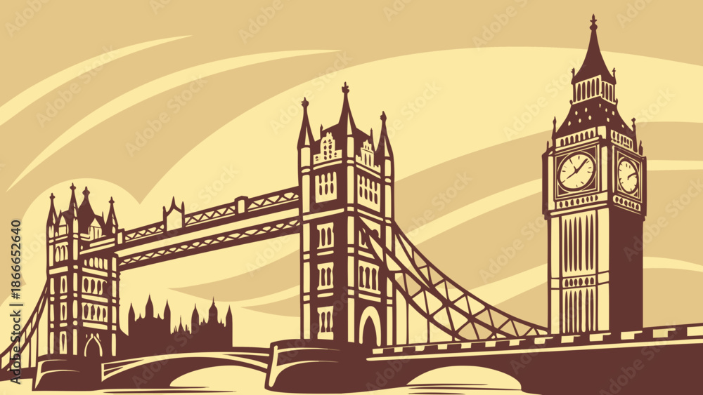 Naklejka premium London skyline with tower bridge and big ben, an iconic cityscape suitable for travel websites, brochures, and promotional materials.