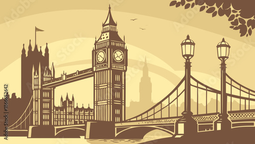 London skyline sepia illustration features london tower bridge in a vintage historical glimpse. Perfect for travel brochures and historical websites.