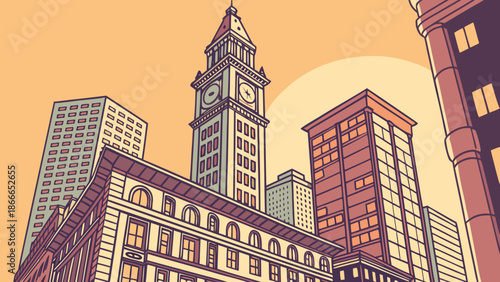 London skyline featuring city skyscrapers against bright sky perfect for travel brochures, city guides, website backgrounds, and tourism promos.