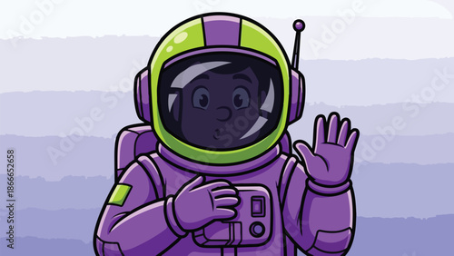Cartoon Astronaut Waving Hello in Space Suit.