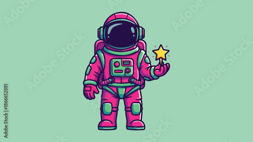 Cartoon Astronaut Holding a Star in Space Exploration.