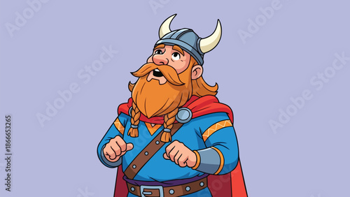 Cartoon Viking Warrior with Horned Helmet and Braided Beard.
