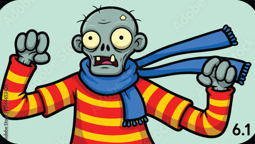 Cartoon Zombie Character with Striped Shirt and Blue Scarf Illustration.