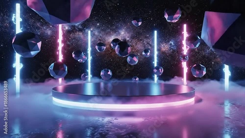 Futuristic Neon Stage with Floating Geometric Shapes and Fog, Abstract Cyberpunk Background.