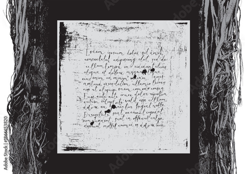 Vector frame featuring a realistic image of an old forest tree with roots and branches, and handwritten Lorem Ipsum text. Occult, magic, witchcraft, fantasy, fairy tale. Perfect for a Halloween party.