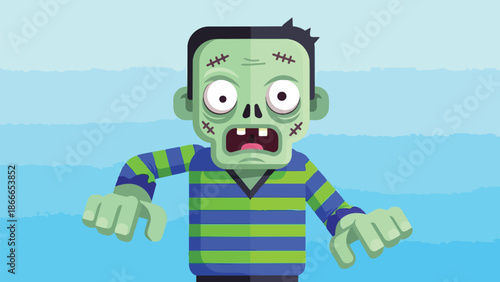 Cartoon Zombie Character with Green Skin and Stitched Wounds.