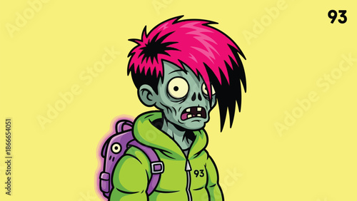 Cartoon Zombie Student with Pink Hair and Backpack Illustration.