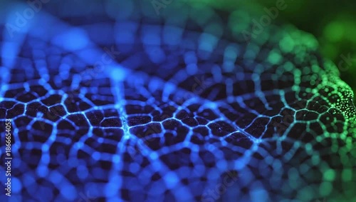 Abstract Macro Shot of Leaf Veins with Vibrant Green and Blue Light.