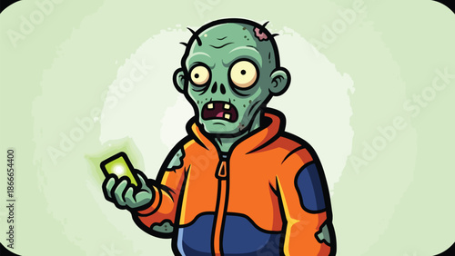 Cartoon Zombie Obsessed with Glowing Phone in Orange Jacket.