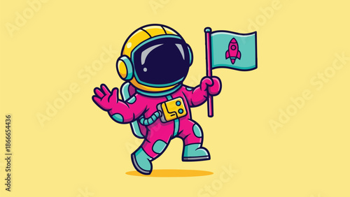 Cartoon Astronaut Waving and Holding Rocket Flag in Space.