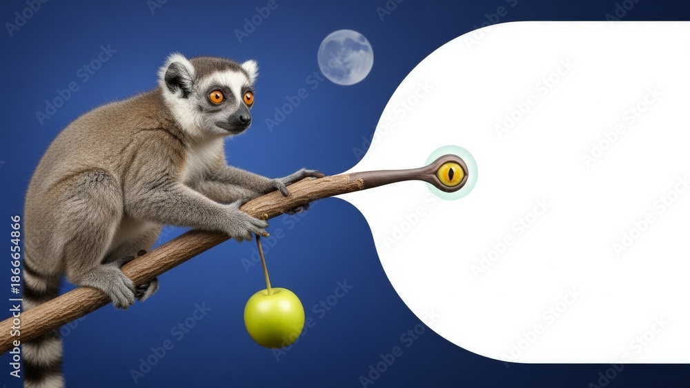 Obraz premium Ring-tailed lemur with apple and eye graphic against moonlit sky