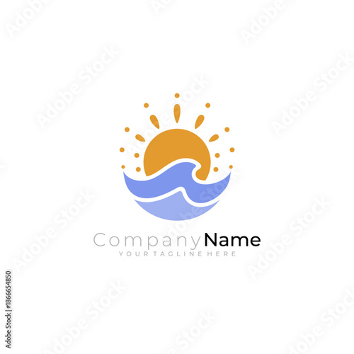 Waves and sunset logo with simple design template