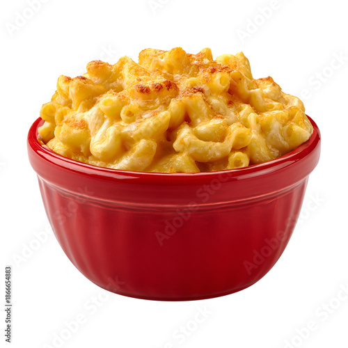 Mac and cheese in red bowl isolated on transparent background