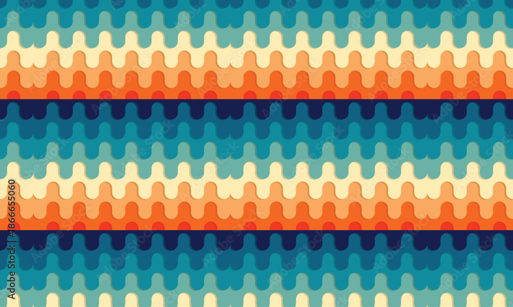 Fototapeta premium Abstract Geometric Wavy Lines Seamless Pattern Background in Retro Blue and Orange Colors