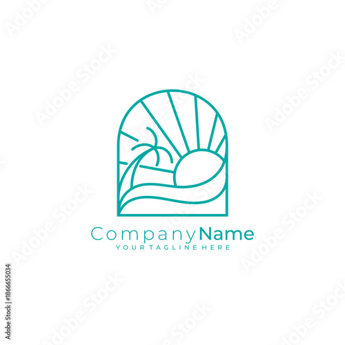Beach logo with simple line design template, sunset icon
