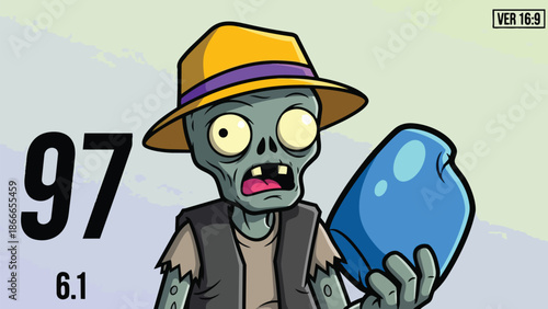 Cartoon zombie character holding a blue liquid container.