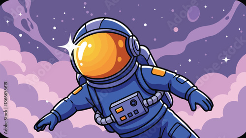 Cartoon Astronaut Floating in Space with Detailed Suit and Helmet.
