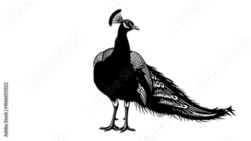 Detailed Black Silhouette Peacock Looking Side Majestic Pose Isolated White Background Sharp Focus Stencil Style Art Exotic Bird Vector Illustration Elegant Feathers Tail Design