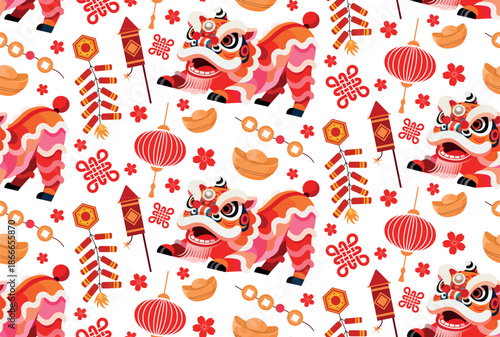 Chinese New Year Lion Dance Seamless Pattern