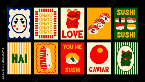 Japanese Asian culture poster set in clean minimalist style. Cartoon traditional symbols, geisha, sushi, koi fish, sakura and aesthetic Japanese lettering.