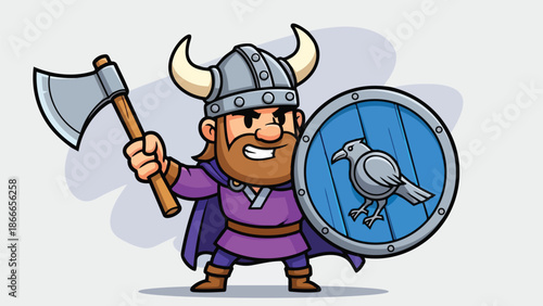 Cartoon Viking Warrior with Axe and Shield Ready for Battle.