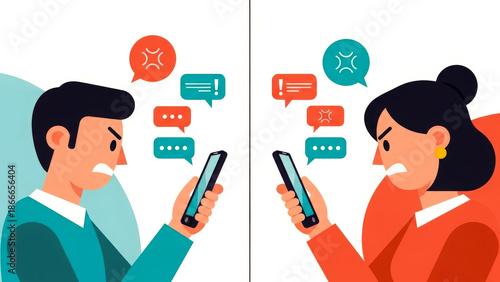 Illustration of man and woman angrily texting each other on phones, symbolizing online conflict, rage bait, and digital communication issues.