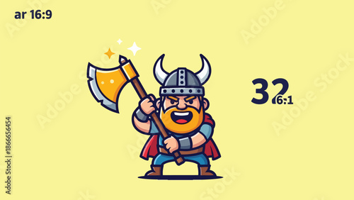 Cartoon Viking Warrior with Axe, Ready for Battle.