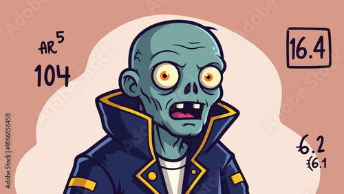 Cartoon Zombie Character with Statistics and Blue Skin.