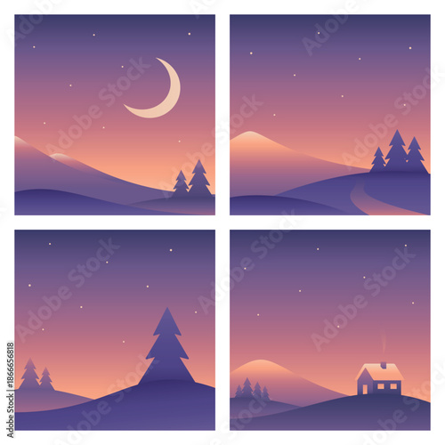 four square minimalistic landscape illustrations. Mountains, hills and house. Vector gradient images in purple colors