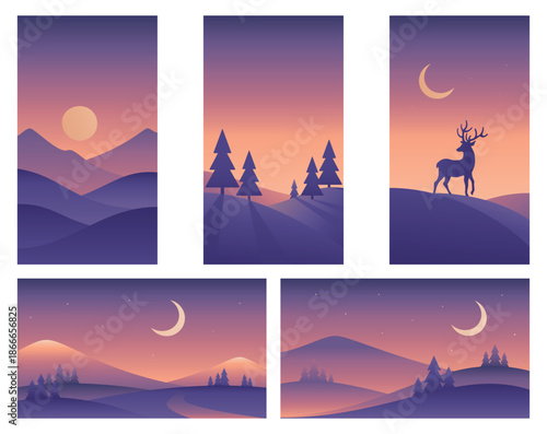 Minimalistic landscape illustrations different sizes in purple colors. Mountains, hills and deer. Vector gradient images
