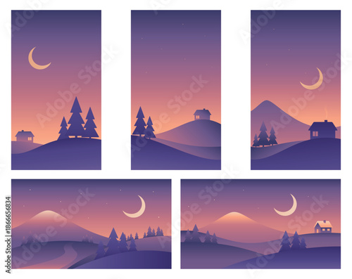 Minimalistic night landscape illustrations different sizes in purple colors. Mountains and hills. Vector gradient images