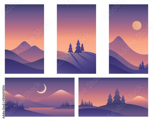 Minimalistic landscape illustrations different sizes in purple colors. Mountains, hills and fir trees. Vector gradient images