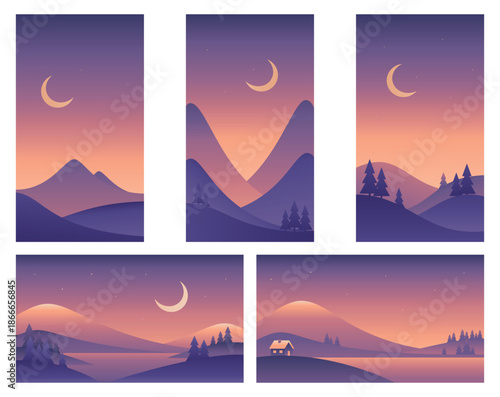 Minimalistic night landscape illustrations different sizes in purple colors. Mountains, hills and lake. Vector gradient images