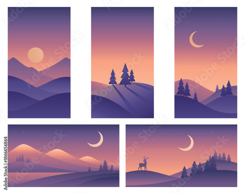 Minimalistic night landscape illustrations different sizes in purple colors. Mountains, hills and moon. Vector gradient images