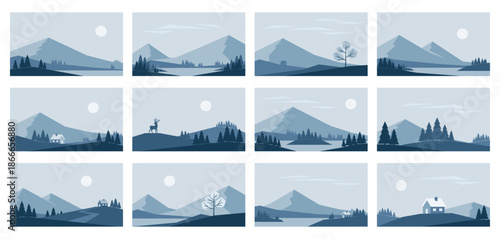 Set of Minimalistic winter landscapes Nordic style. Vector illustrations in blue colors