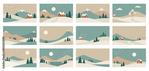 Minimalistic winter mountains landscape set. Vector abstract nature illustrations in Scandinavian style