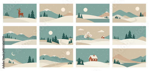 Set of Minimalistic winter mountains landscape. Vector abstract nature illustrations in Scandinavian style