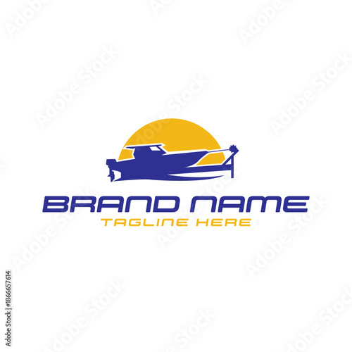 Clean and minimalist dock boat logo illustration representing marina services, harbor transportation, waterfront business, and marine docking operations