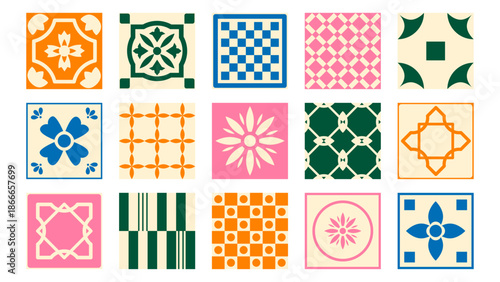 Heritage-style ceramic tile set — inspired by Mediterranean architecture, featuring graceful motifs and symmetrical layouts for decor or stationery design.