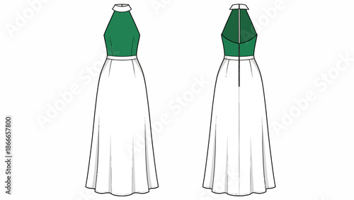Women's Halter Neck Maxi Dress Vector Mockup with Green Bodice and Front and Back Views for Formal Fashion Tech Pack Design