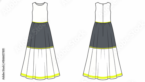Women's Sleeveless Maxi Dress Vector Mockup with Tiered Skirt and Front and Back Views for Fashion Tech Pack Design