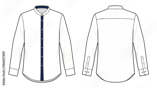 Men's Long Sleeve Shirt with Mandarin Collar and Contrast Placket Vector Mockup with Front and Back Views for Apparel Tech Pack