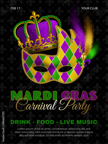 mardi gras carnival party poster with colorfulmask with feathers and crown with green, purple and yellow colors