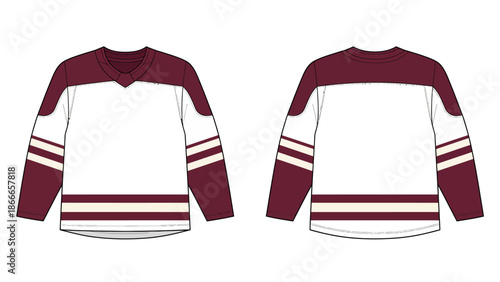 Maroon and Cream Ice Hockey Jersey Vector Mockup with V-Neck and Front and Back Views for Team Sports Tech Pack Design
