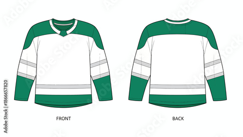 Green and White Hockey Jersey Vector Mockup with Front and Back Views for Team Uniform Tech Pack Design