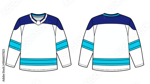 White and Navy Blue Hockey Jersey Vector Mockup with Cyan Stripes and Front and Back Views for Team Uniform Tech Pack Design