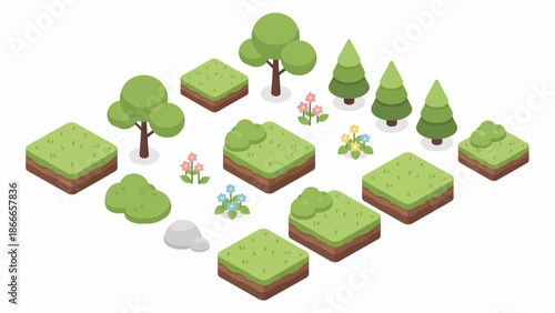Isometric Vector Set of Landscape Elements with Grass Tiles, Trees, Flowers and Shrubs for Game Design