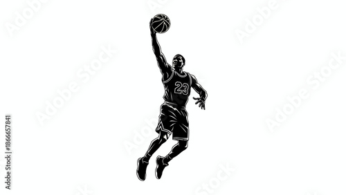 Basketball Player Silhouette Performing Slam Dunk in Mid-Air with Number 23 Jersey
